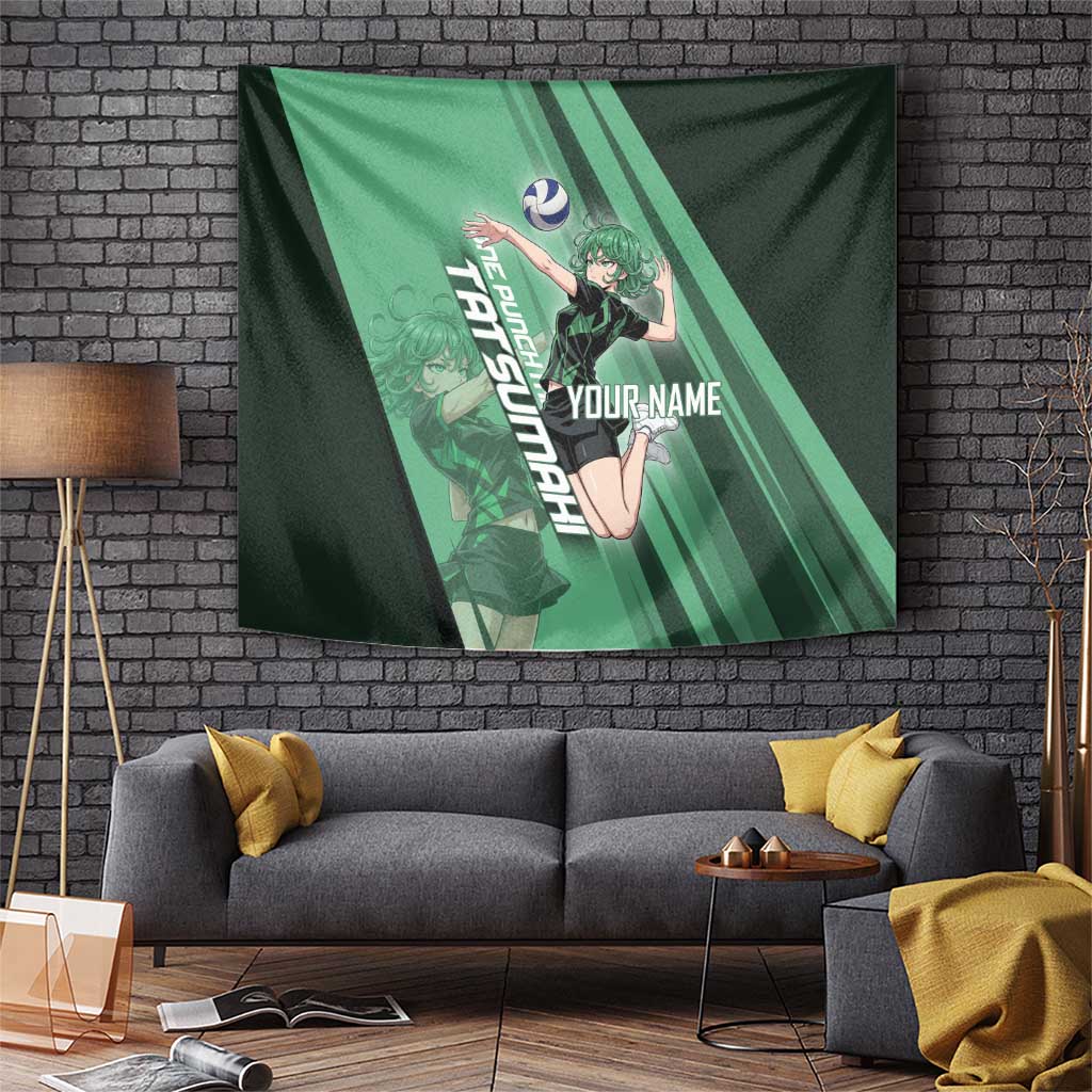 Personalized Tatsumaki Volleyball Design Tapestry with Green Athletic Theme and Energetic Action Pose