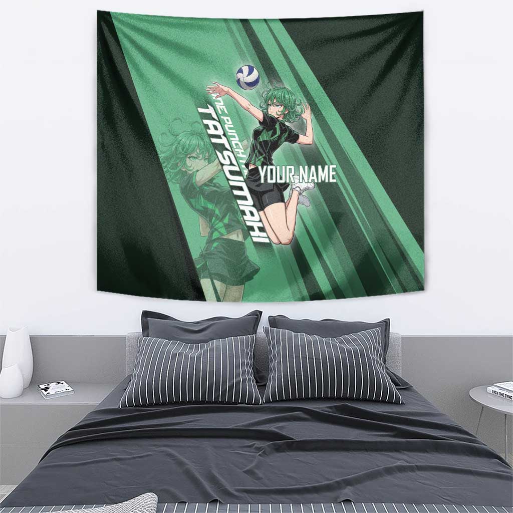 Personalized Tatsumaki Volleyball Design Tapestry with Green Athletic Theme and Energetic Action Pose