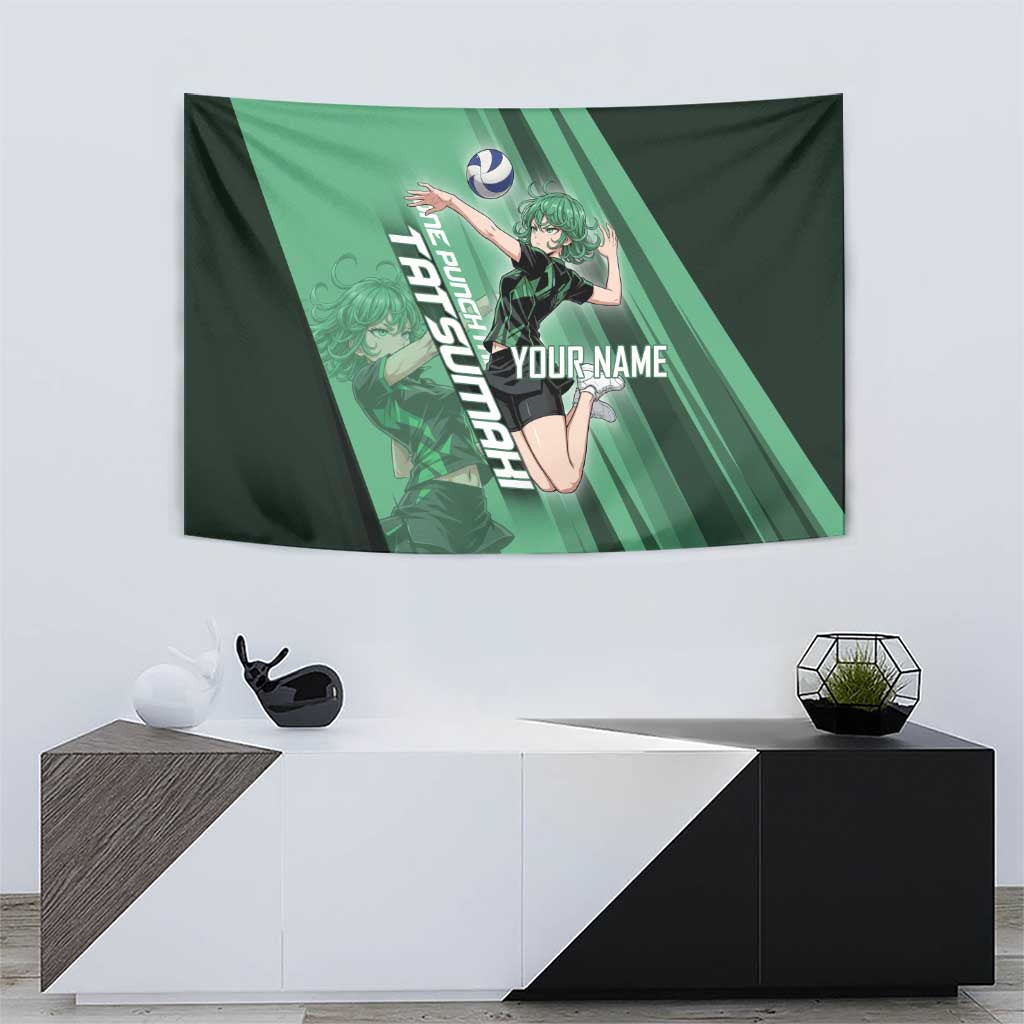 Personalized Tatsumaki Volleyball Design Tapestry with Green Athletic Theme and Energetic Action Pose