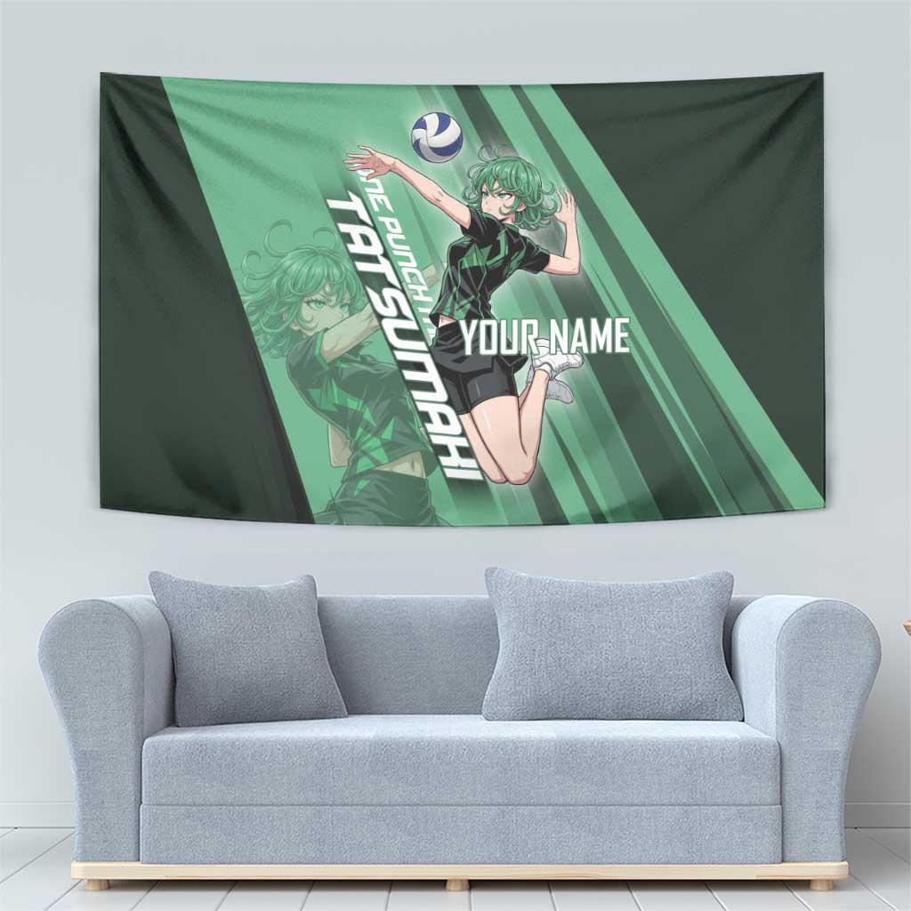Personalized Tatsumaki Volleyball Design Tapestry with Green Athletic Theme and Energetic Action Pose