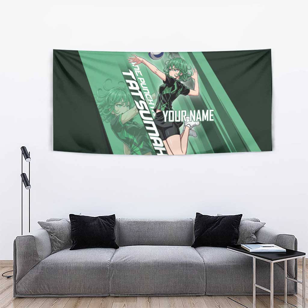 Personalized Tatsumaki Volleyball Design Tapestry with Green Athletic Theme and Energetic Action Pose