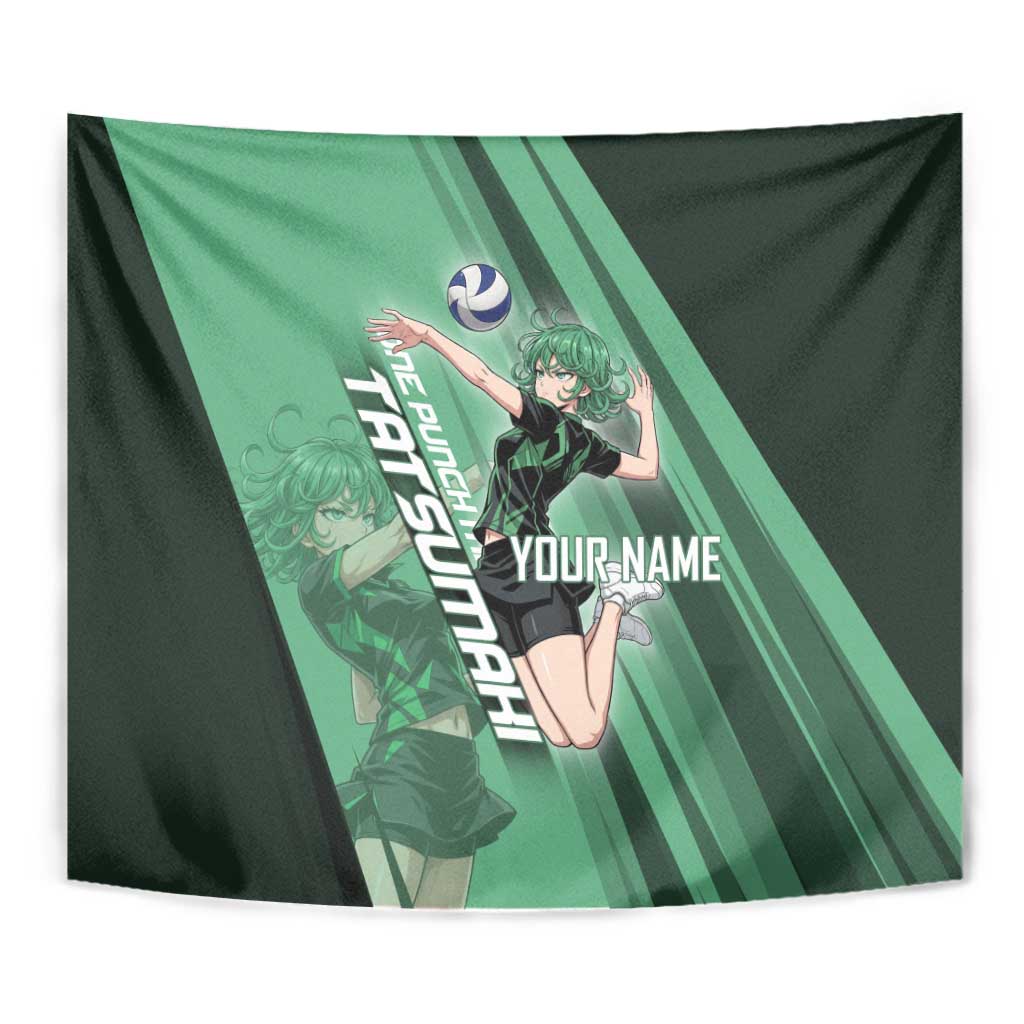 Personalized Tatsumaki Volleyball Design Tapestry with Green Athletic Theme and Energetic Action Pose