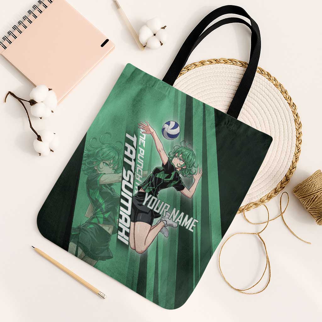 Personalized Tatsumaki Volleyball Design Tote Bag with Green Athletic Theme and Energetic Action Pose