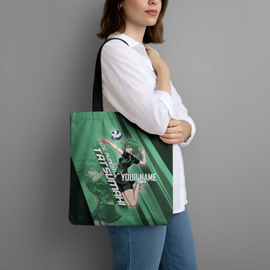 Personalized Tatsumaki Volleyball Design Tote Bag with Green Athletic Theme and Energetic Action Pose