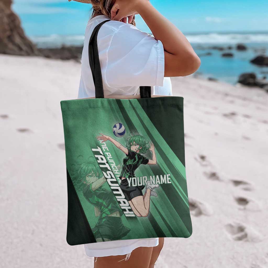 Personalized Tatsumaki Volleyball Design Tote Bag with Green Athletic Theme and Energetic Action Pose