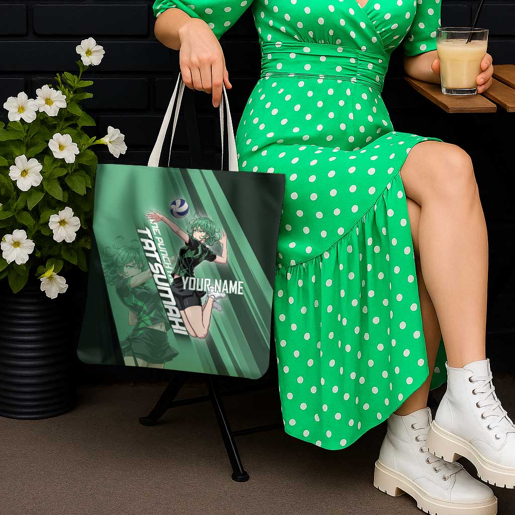 Personalized Tatsumaki Volleyball Design Tote Bag with Green Athletic Theme and Energetic Action Pose