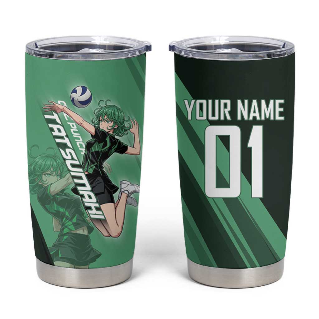 Personalized Tatsumaki Volleyball Design Tumbler Cup with Green Athletic Theme and Energetic Action Pose