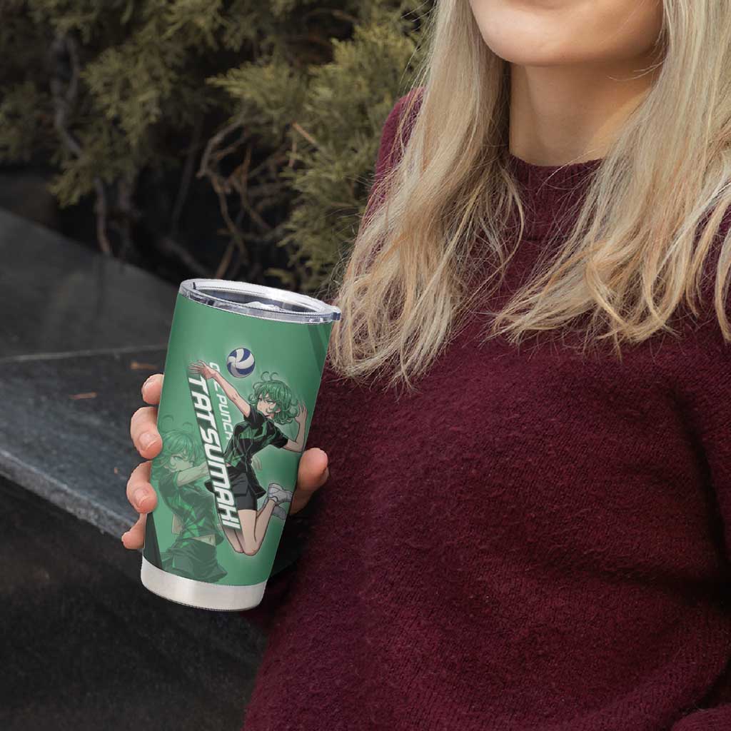 Personalized Tatsumaki Volleyball Design Tumbler Cup with Green Athletic Theme and Energetic Action Pose