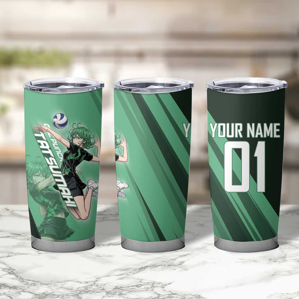 Personalized Tatsumaki Volleyball Design Tumbler Cup with Green Athletic Theme and Energetic Action Pose