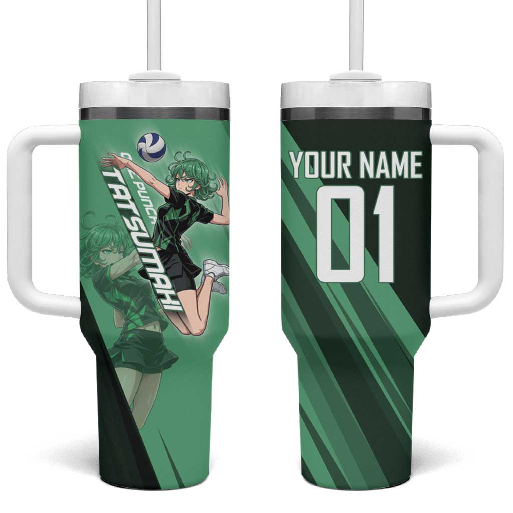 Personalized Tatsumaki Volleyball Design Tumbler With Handle with Green Athletic Theme and Energetic Action Pose
