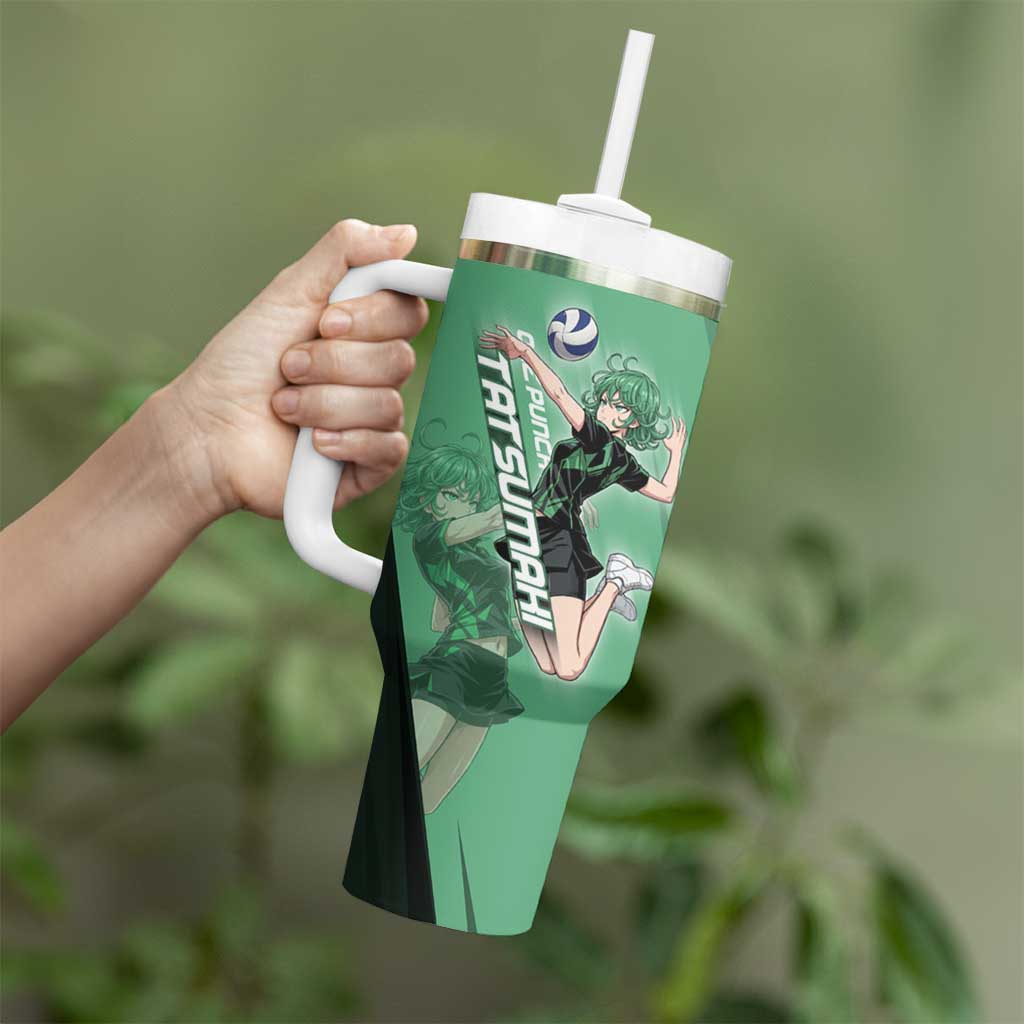 Personalized Tatsumaki Volleyball Design Tumbler With Handle with Green Athletic Theme and Energetic Action Pose