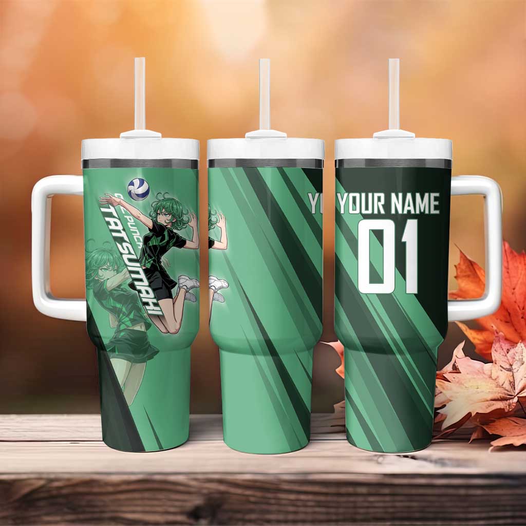 Personalized Tatsumaki Volleyball Design Tumbler With Handle with Green Athletic Theme and Energetic Action Pose