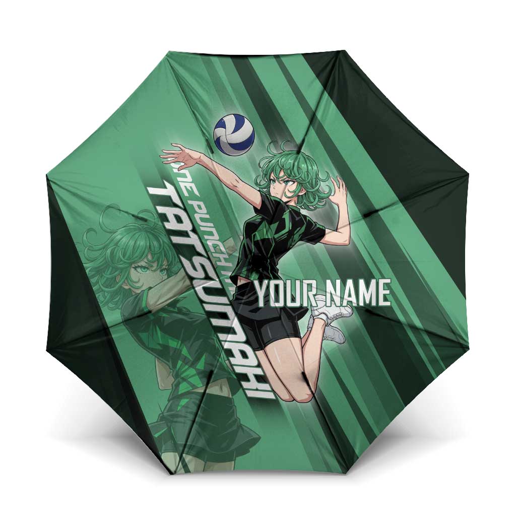Personalized Tatsumaki Volleyball Design Umbrella with Green Athletic Theme and Energetic Action Pose