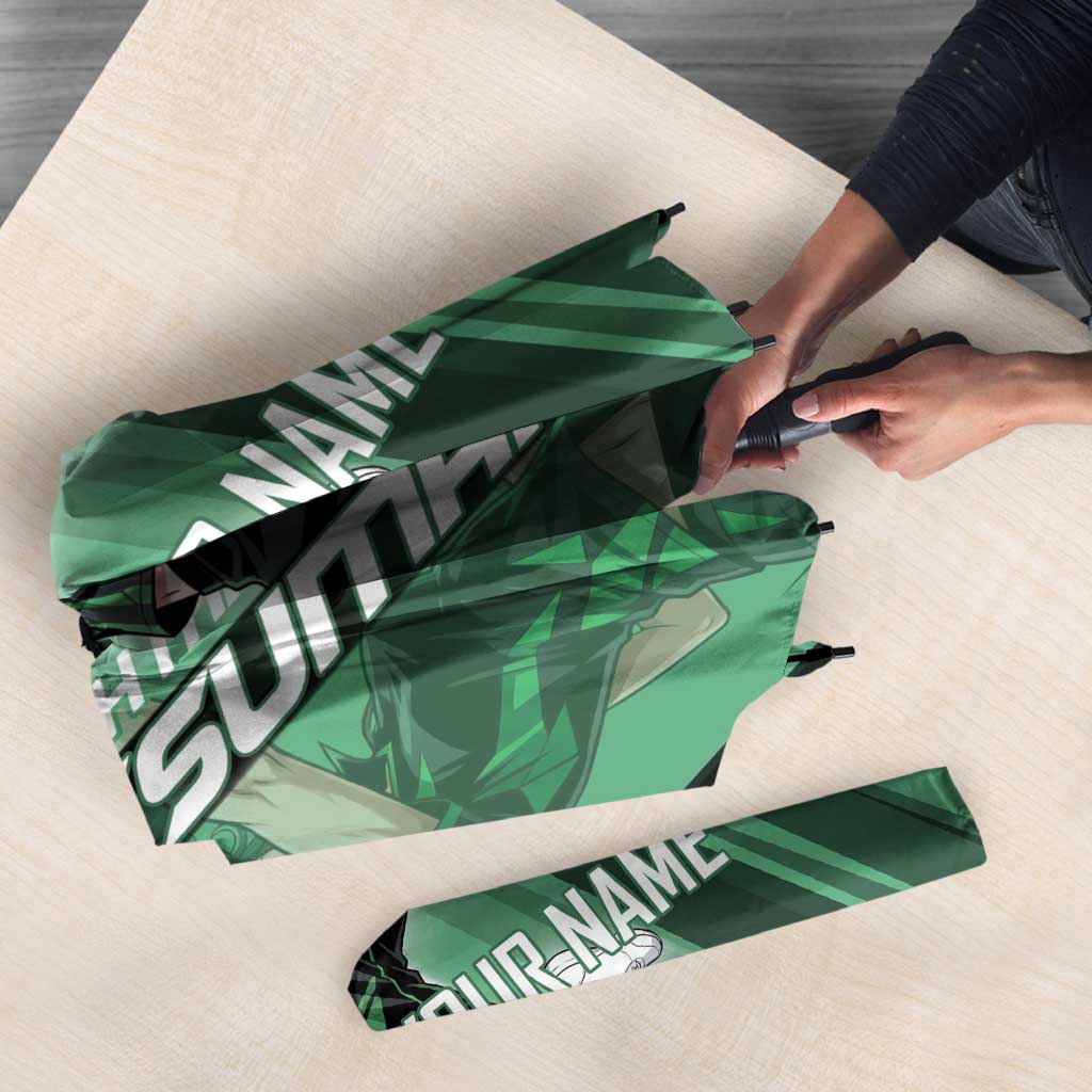 Personalized Tatsumaki Volleyball Design Umbrella with Green Athletic Theme and Energetic Action Pose