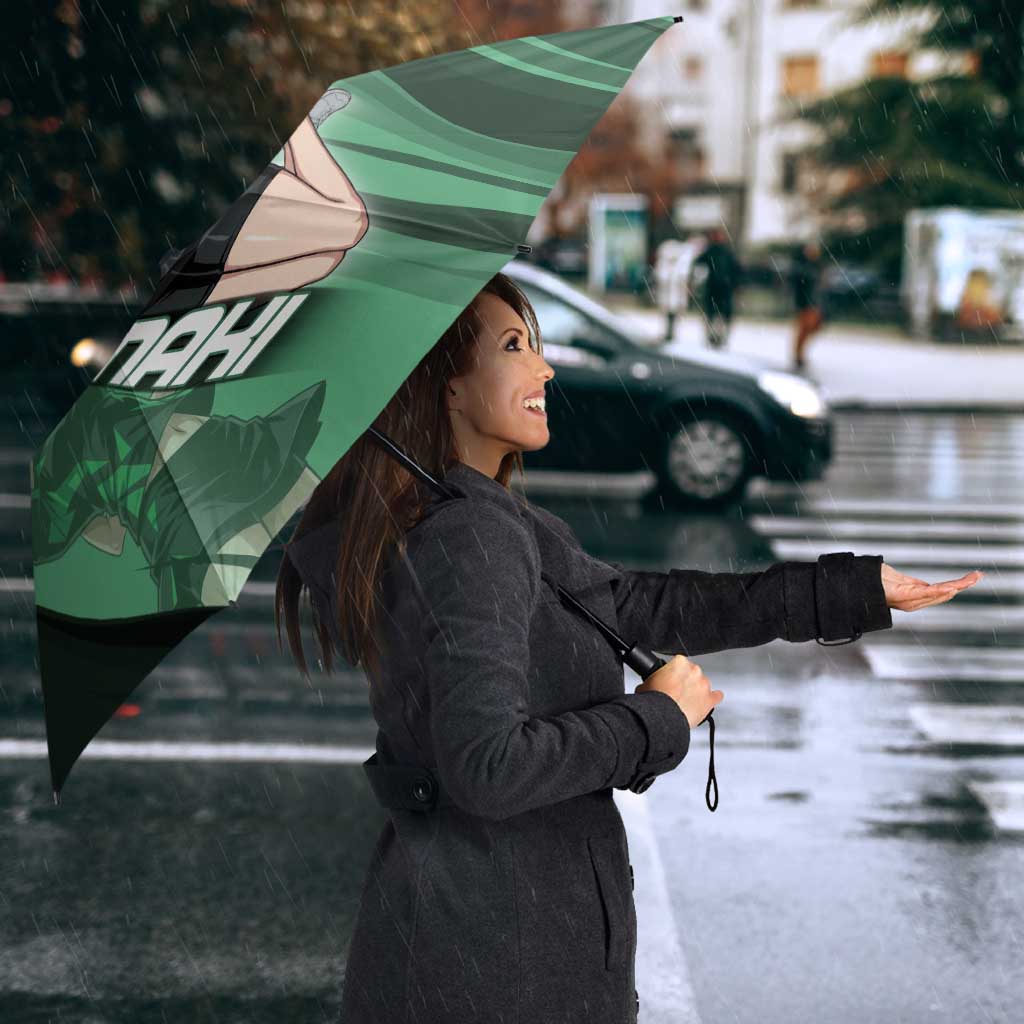 Personalized Tatsumaki Volleyball Design Umbrella with Green Athletic Theme and Energetic Action Pose