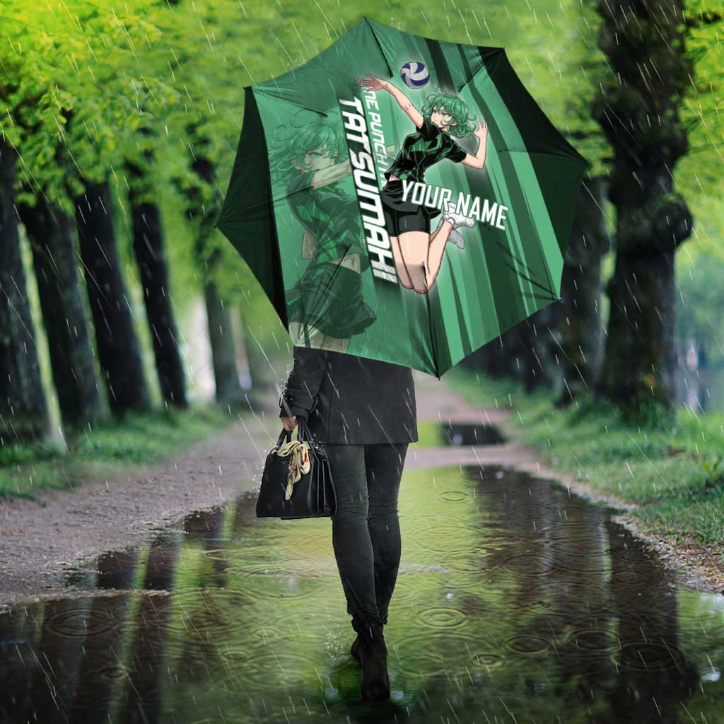 Personalized Tatsumaki Volleyball Design Umbrella with Green Athletic Theme and Energetic Action Pose