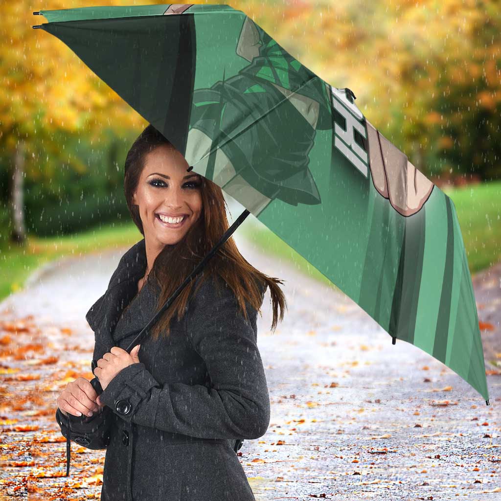 Personalized Tatsumaki Volleyball Design Umbrella with Green Athletic Theme and Energetic Action Pose