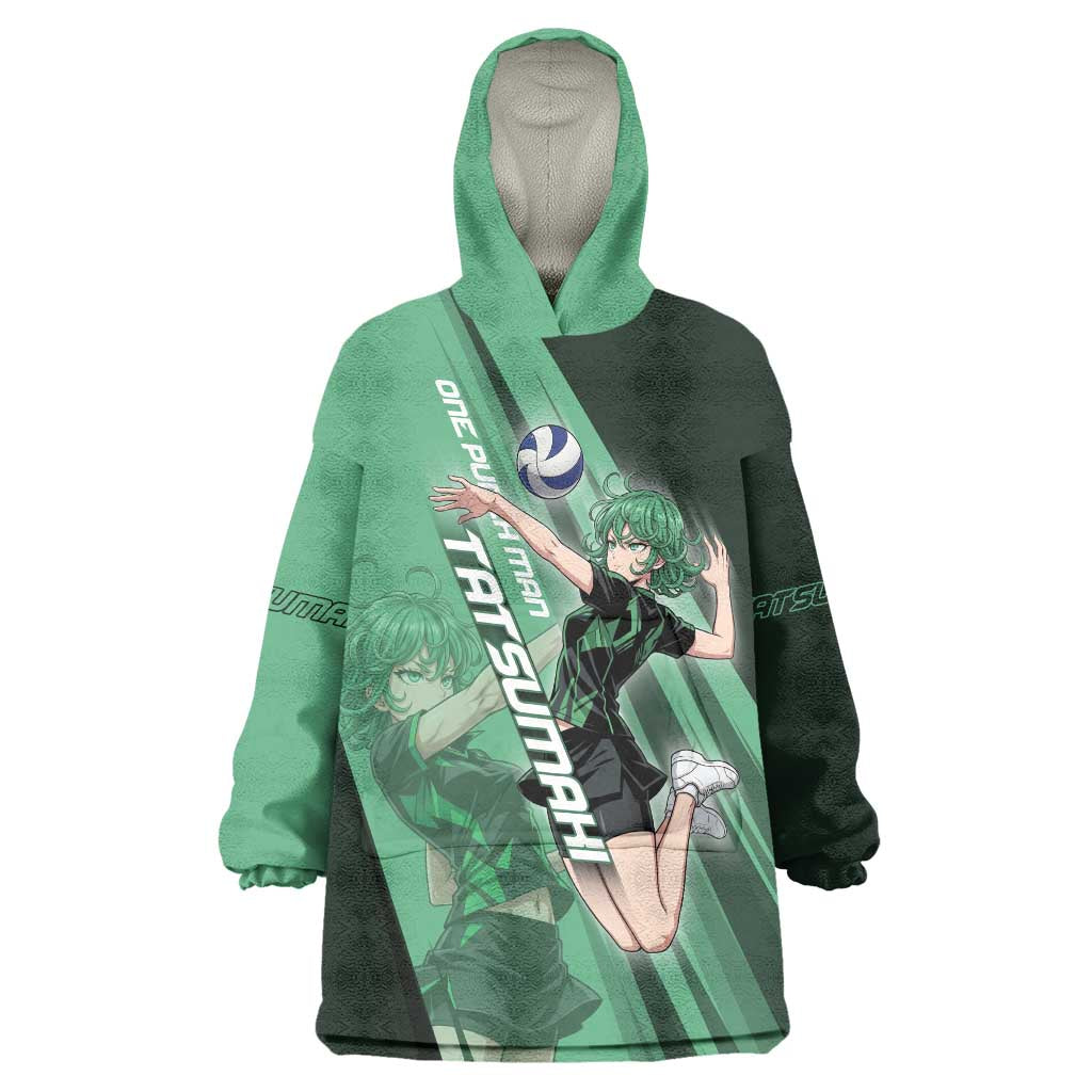 Personalized Tatsumaki Volleyball Design Wearable Blanket Hoodie with Green Athletic Theme and Energetic Action Pose