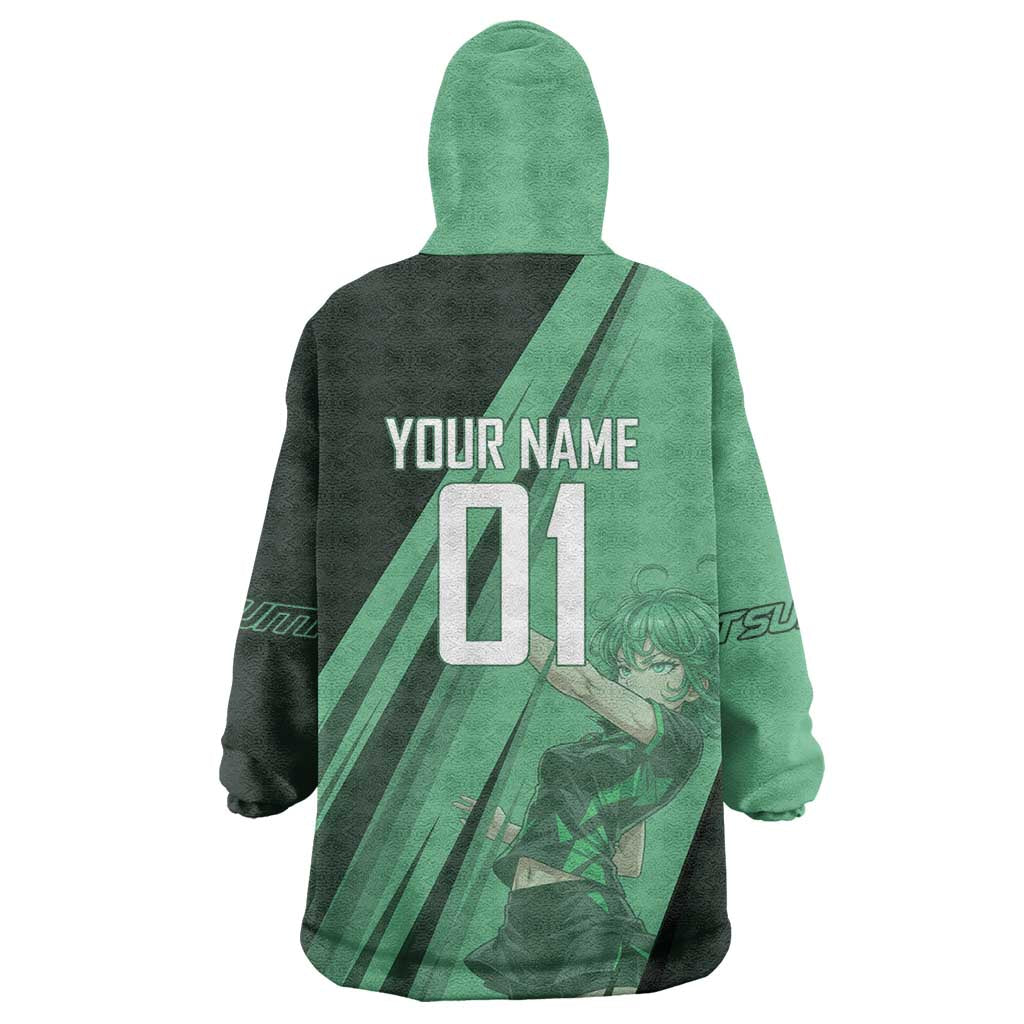 Personalized Tatsumaki Volleyball Design Wearable Blanket Hoodie with Green Athletic Theme and Energetic Action Pose
