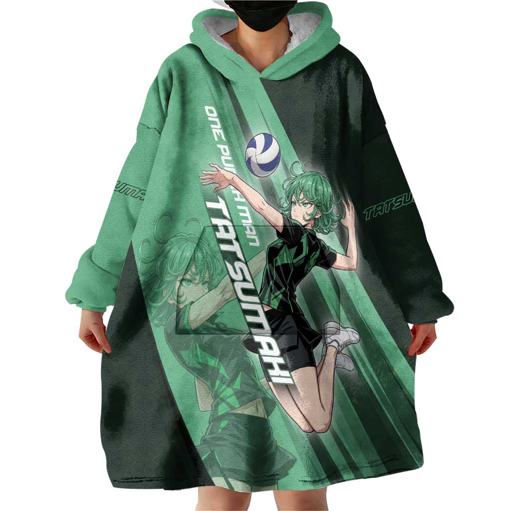 Personalized Tatsumaki Volleyball Design Wearable Blanket Hoodie with Green Athletic Theme and Energetic Action Pose