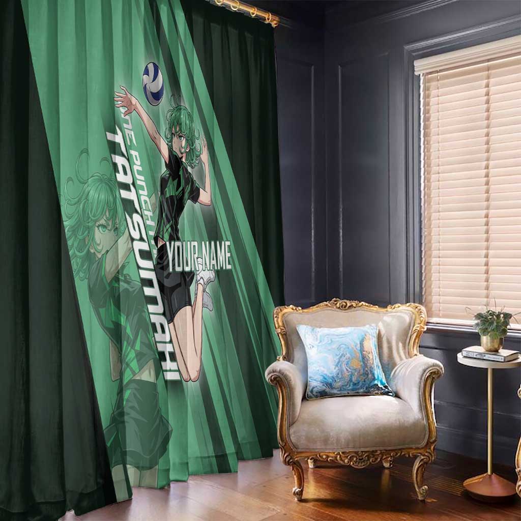 Personalized Tatsumaki Volleyball Design Window Curtain with Green Athletic Theme and Energetic Action Pose