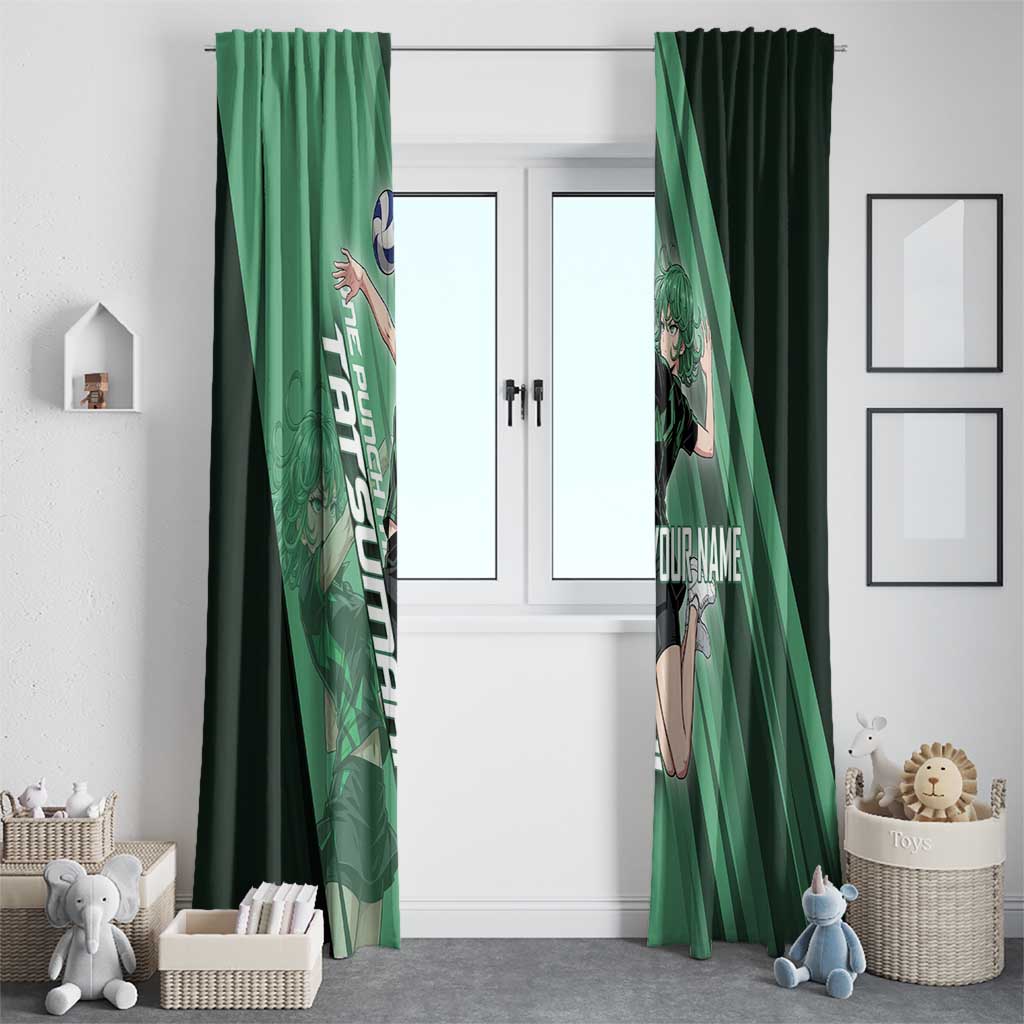 Personalized Tatsumaki Volleyball Design Window Curtain with Green Athletic Theme and Energetic Action Pose