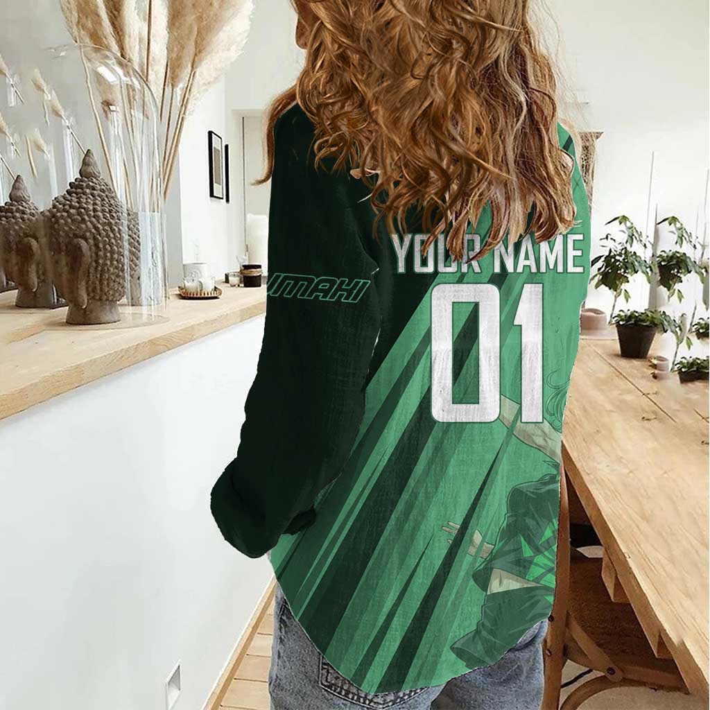 Personalized Tatsumaki Volleyball Design Women Casual Shirt with Green Athletic Theme and Energetic Action Pose