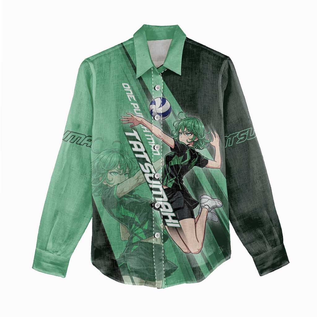 Personalized Tatsumaki Volleyball Design Women Casual Shirt with Green Athletic Theme and Energetic Action Pose