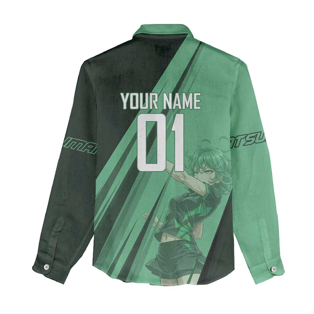 Personalized Tatsumaki Volleyball Design Women Casual Shirt with Green Athletic Theme and Energetic Action Pose