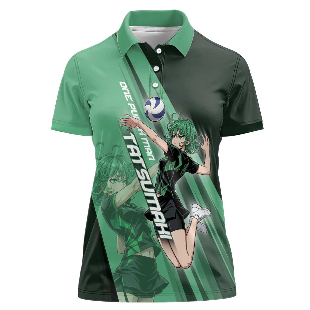 Personalized Tatsumaki Volleyball Design Women Polo Shirt with Green Athletic Theme and Energetic Action Pose