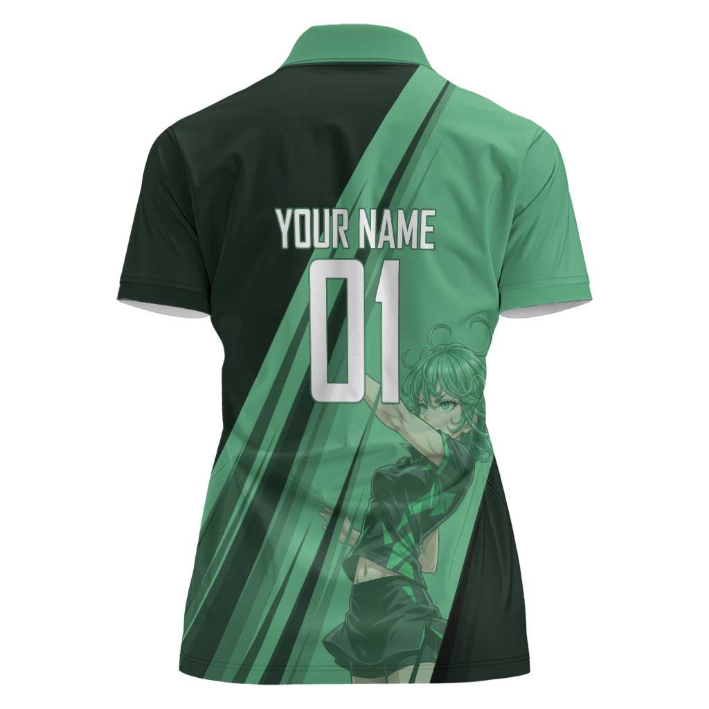 Personalized Tatsumaki Volleyball Design Women Polo Shirt with Green Athletic Theme and Energetic Action Pose