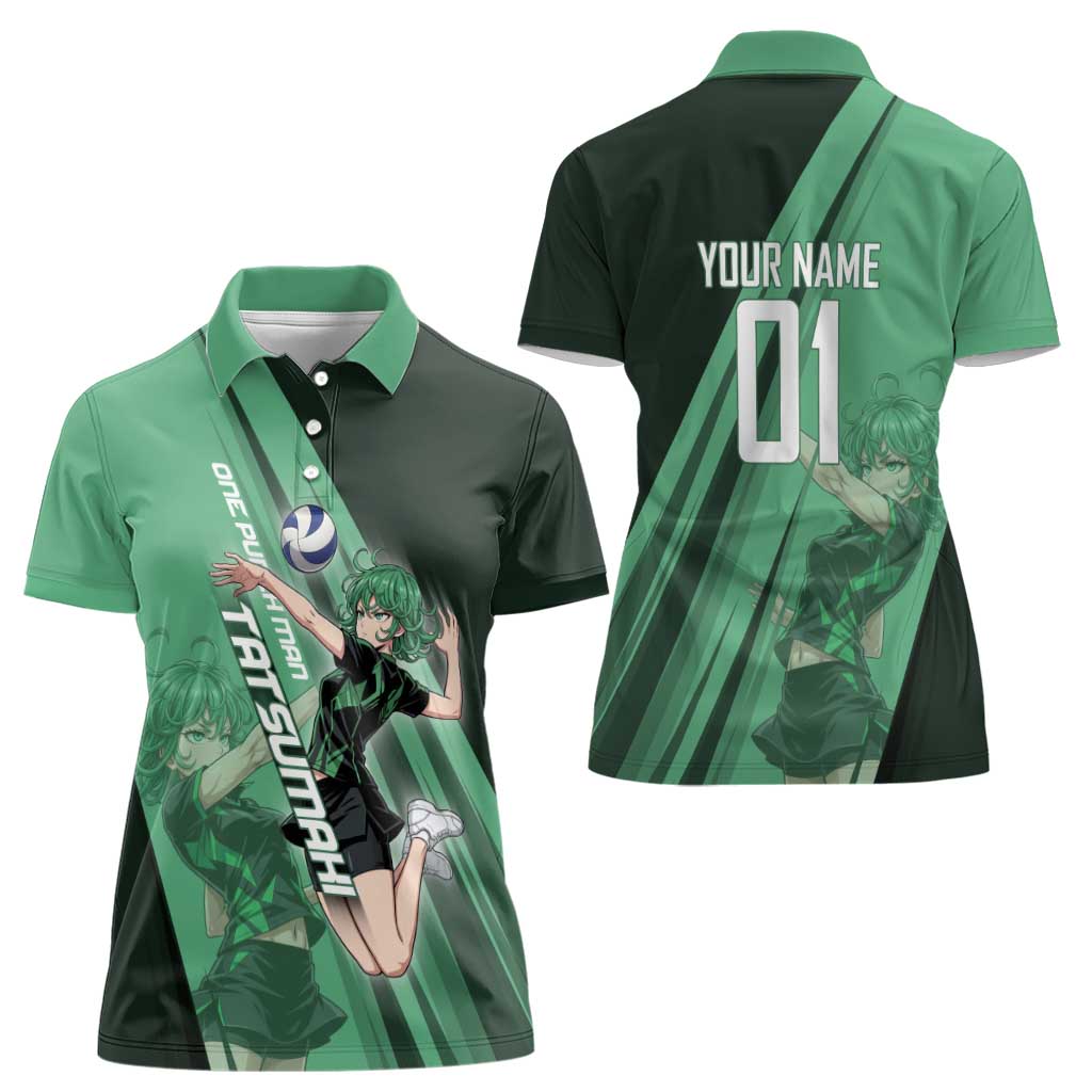 Personalized Tatsumaki Volleyball Design Women Polo Shirt with Green Athletic Theme and Energetic Action Pose