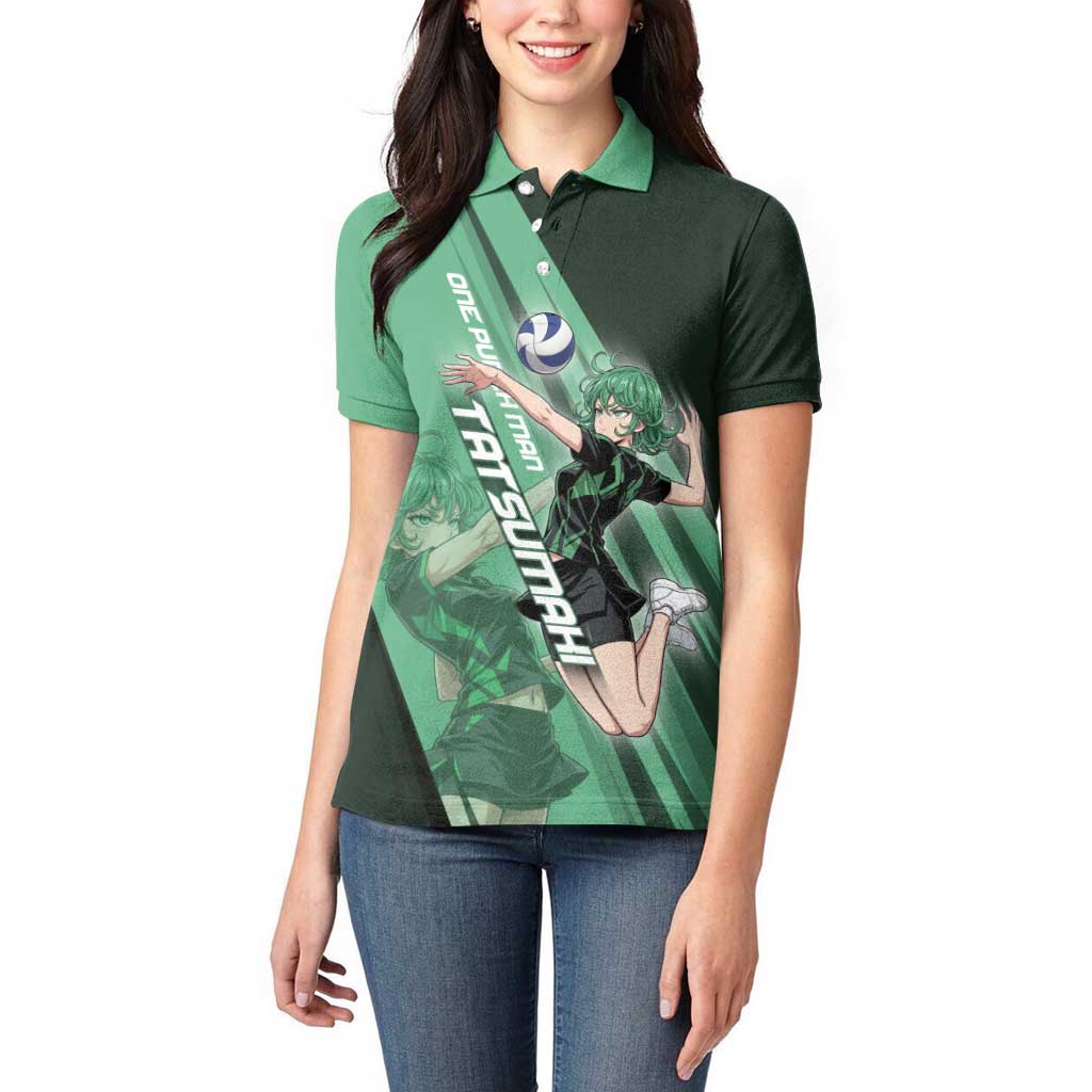 Personalized Tatsumaki Volleyball Design Women Polo Shirt with Green Athletic Theme and Energetic Action Pose
