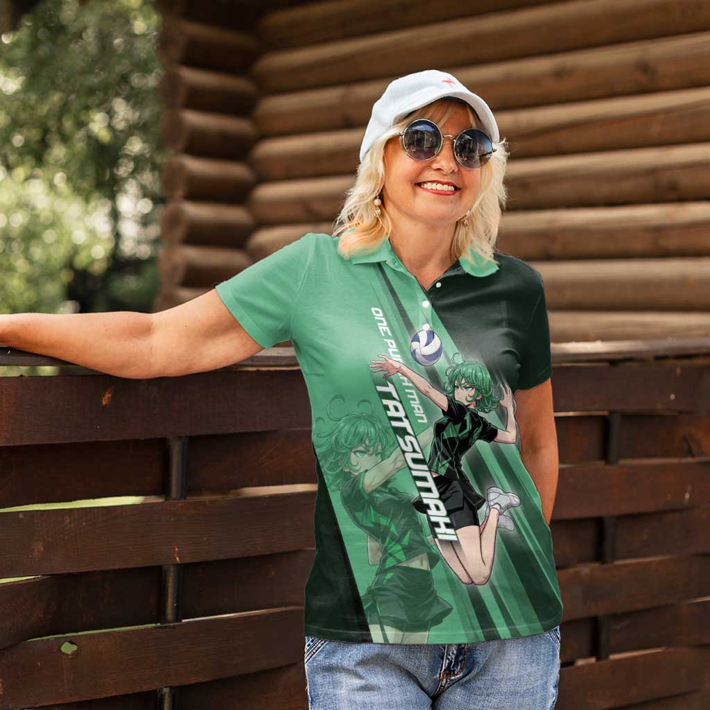 Personalized Tatsumaki Volleyball Design Women Polo Shirt with Green Athletic Theme and Energetic Action Pose