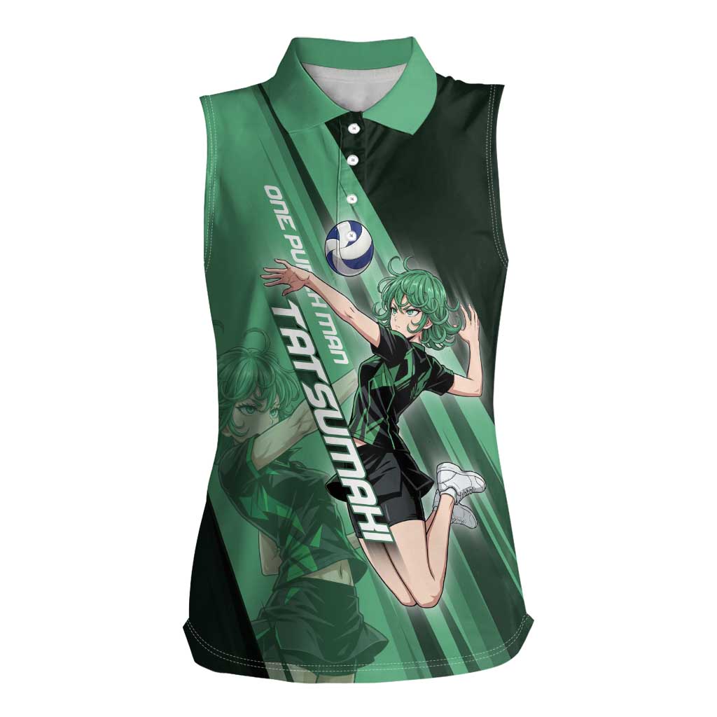 Personalized Tatsumaki Volleyball Design Women Sleeveless Polo Shirt with Green Athletic Theme and Energetic Action Pose