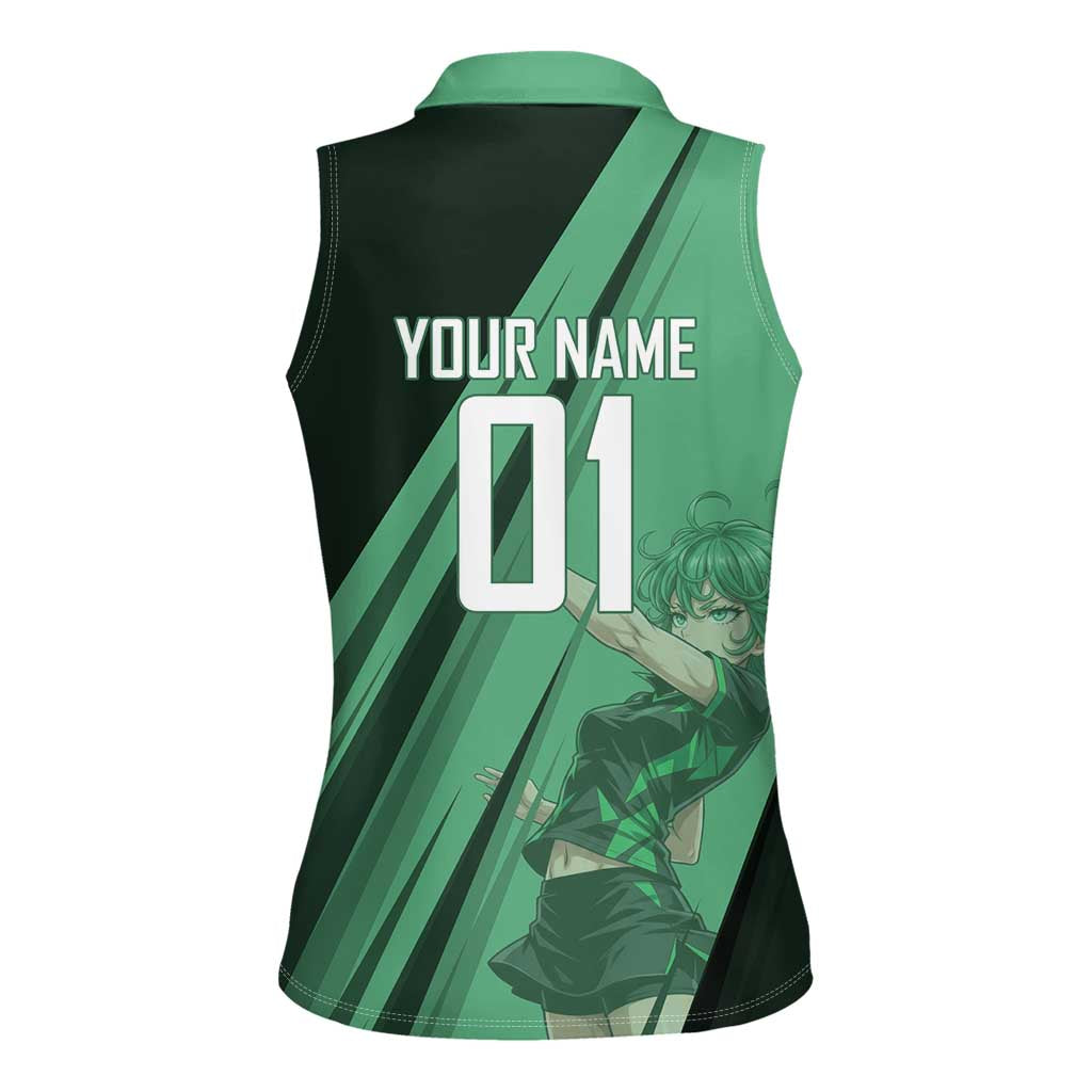 Personalized Tatsumaki Volleyball Design Women Sleeveless Polo Shirt with Green Athletic Theme and Energetic Action Pose