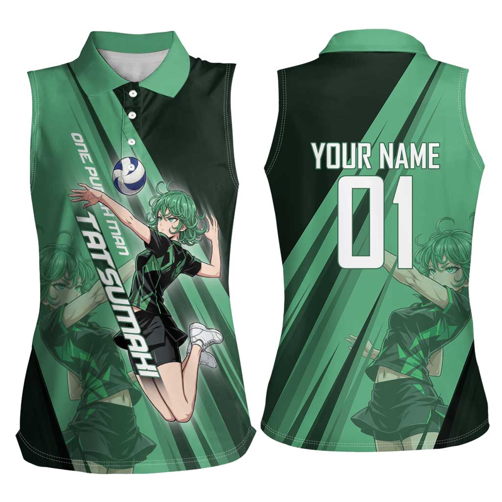 Personalized Tatsumaki Volleyball Design Women Sleeveless Polo Shirt with Green Athletic Theme and Energetic Action Pose