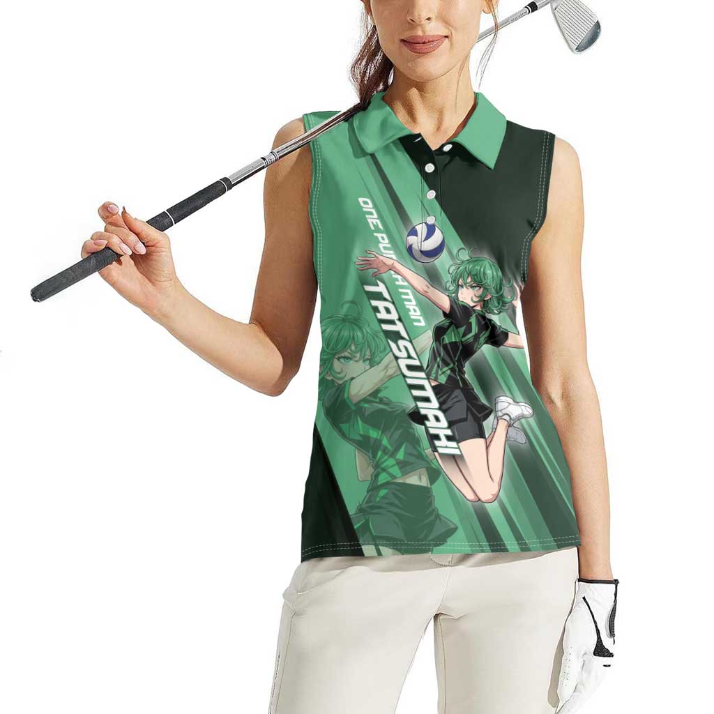 Personalized Tatsumaki Volleyball Design Women Sleeveless Polo Shirt with Green Athletic Theme and Energetic Action Pose
