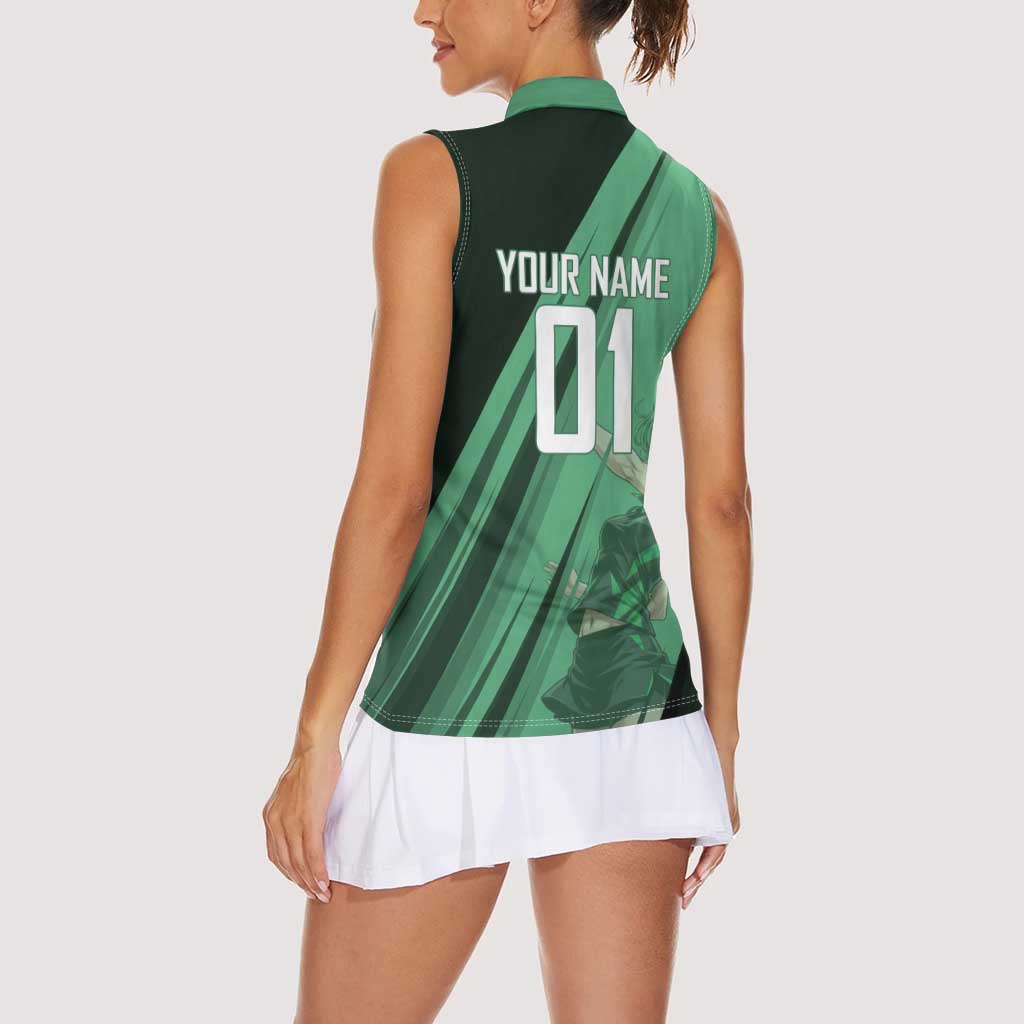 Personalized Tatsumaki Volleyball Design Women Sleeveless Polo Shirt with Green Athletic Theme and Energetic Action Pose