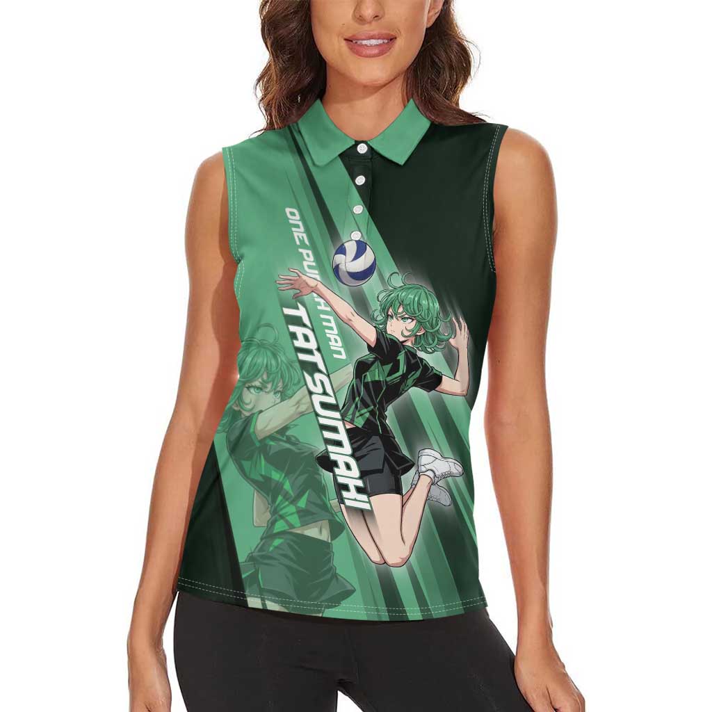 Personalized Tatsumaki Volleyball Design Women Sleeveless Polo Shirt with Green Athletic Theme and Energetic Action Pose