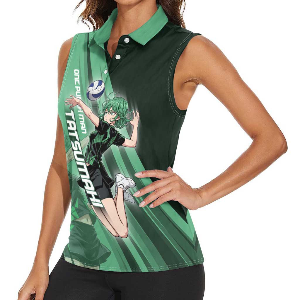 Personalized Tatsumaki Volleyball Design Women Sleeveless Polo Shirt with Green Athletic Theme and Energetic Action Pose