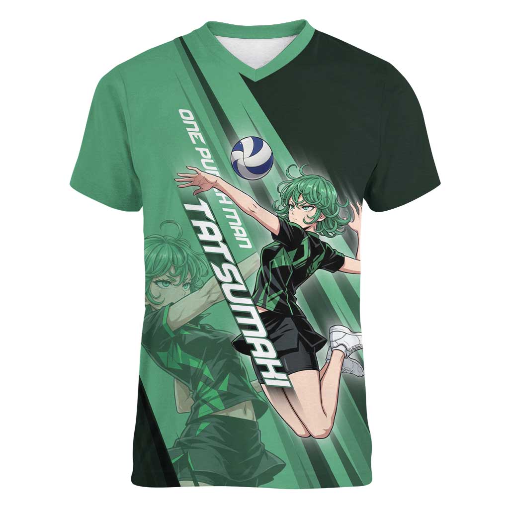 Personalized Tatsumaki Volleyball Design Women V-Neck T-Shirt with Green Athletic Theme and Energetic Action Pose