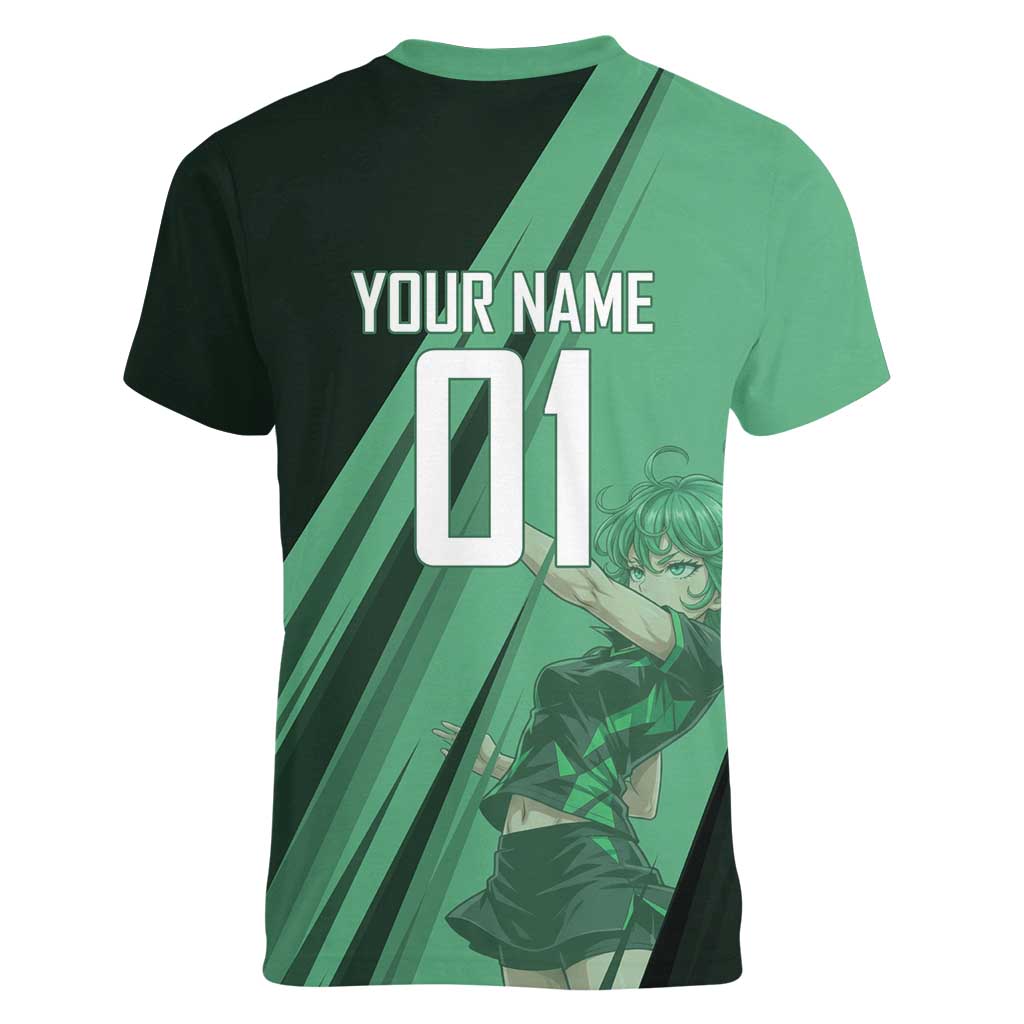 Personalized Tatsumaki Volleyball Design Women V-Neck T-Shirt with Green Athletic Theme and Energetic Action Pose