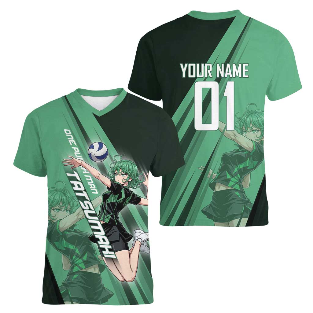 Personalized Tatsumaki Volleyball Design Women V-Neck T-Shirt with Green Athletic Theme and Energetic Action Pose