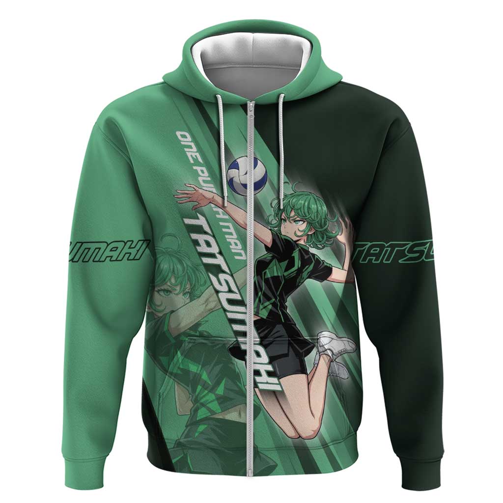 Personalized Tatsumaki Volleyball Design Zip Hoodie with Green Athletic Theme and Energetic Action Pose