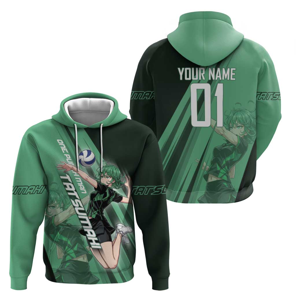 Personalized Tatsumaki Volleyball Design Zip Hoodie with Green Athletic Theme and Energetic Action Pose