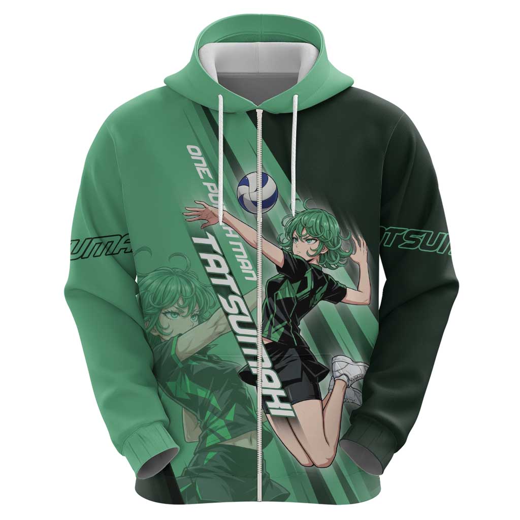 Personalized Tatsumaki Volleyball Design Zip Hoodie with Green Athletic Theme and Energetic Action Pose