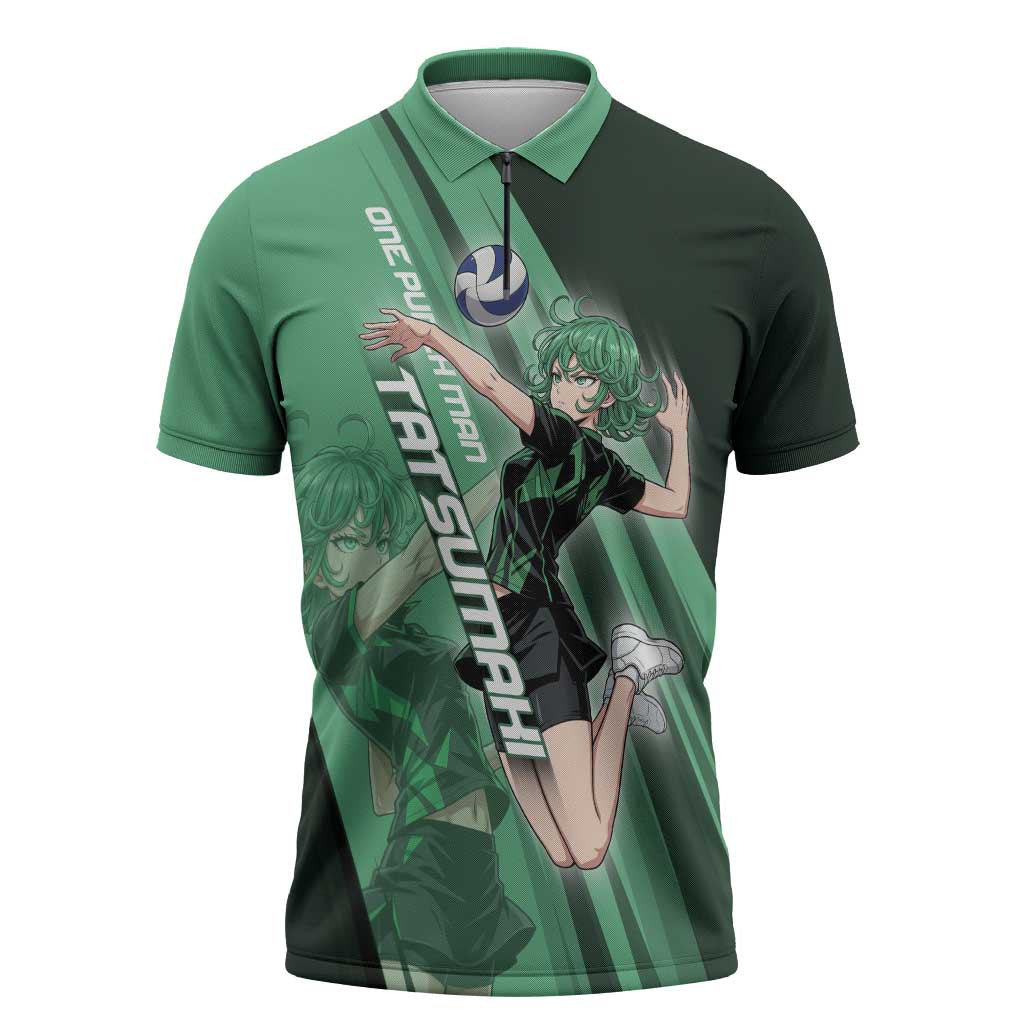 Personalized Tatsumaki Volleyball Design Zipper Polo Shirt with Green Athletic Theme and Energetic Action Pose