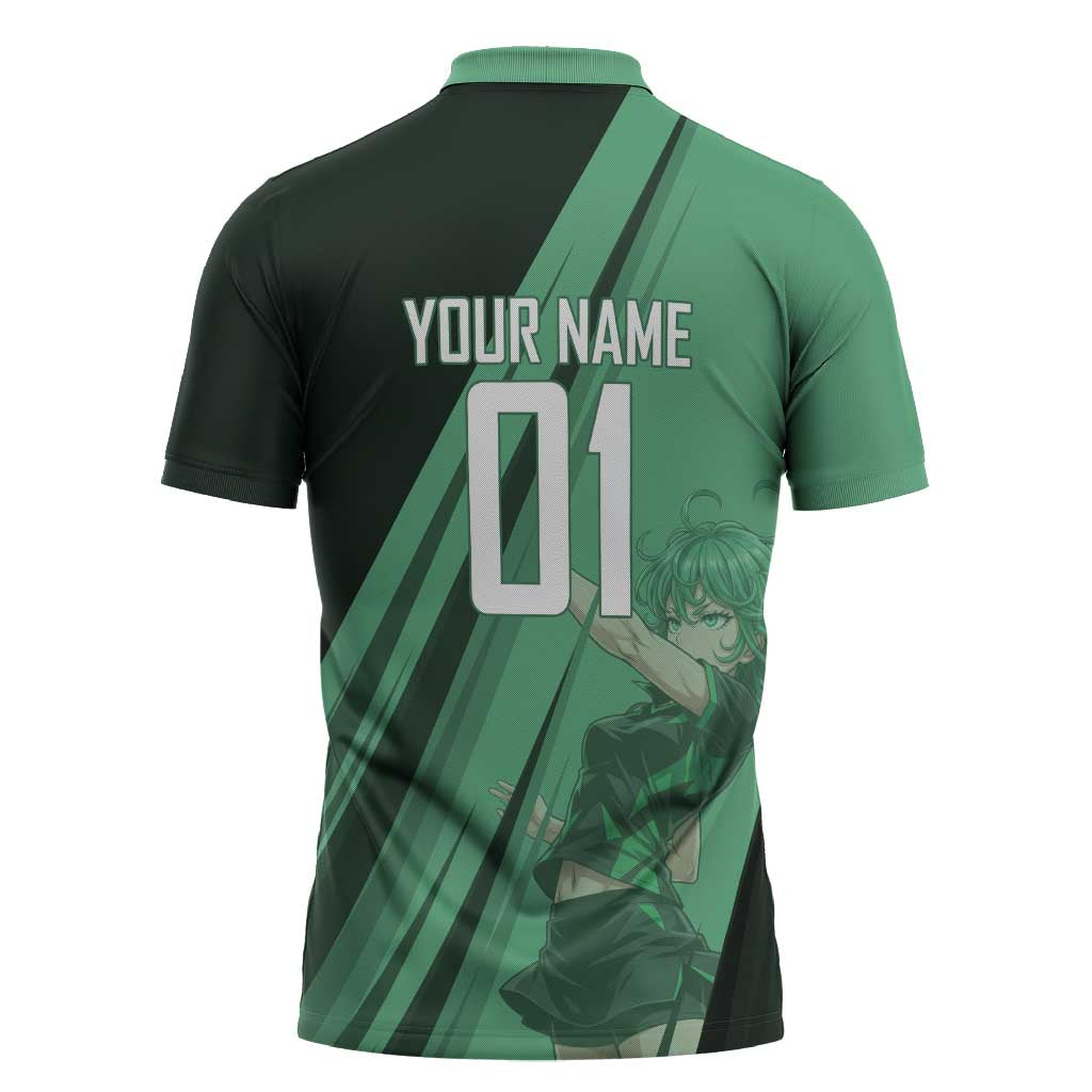 Personalized Tatsumaki Volleyball Design Zipper Polo Shirt with Green Athletic Theme and Energetic Action Pose