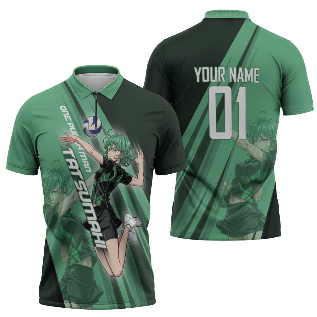 Personalized Tatsumaki Volleyball Design Zipper Polo Shirt with Green Athletic Theme and Energetic Action Pose